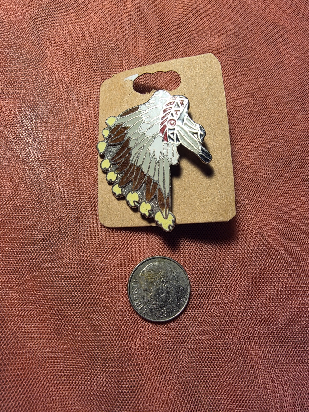 Mafco Enamel Feather Headdress Pin - White, Brown & Yellow